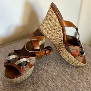 Burberry Leather Ankle Wrap Woven Wedges Sandals